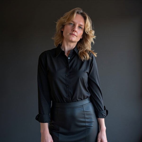 Een vrouw met golvend blond haar in een zwart overhemd met knopen en een leren rok staat tegen een effen donkere achtergrond neutraal naar de camera te staren en straalt zelfvertrouwen uit dat past bij de webdesigngemeenschap.